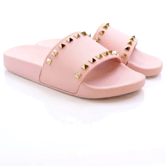 Valentino Garavani Pink Slide Sandals with Gold Studs - Picture 1 of 13